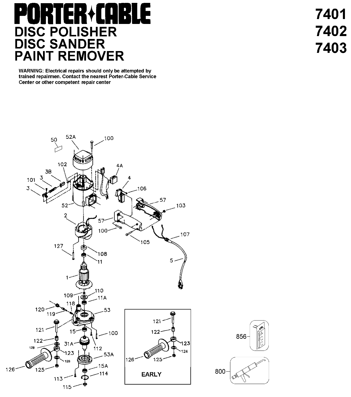 Default Diagram and Parts List for PC7402 Type 1 Porter Cable Sander Polisher